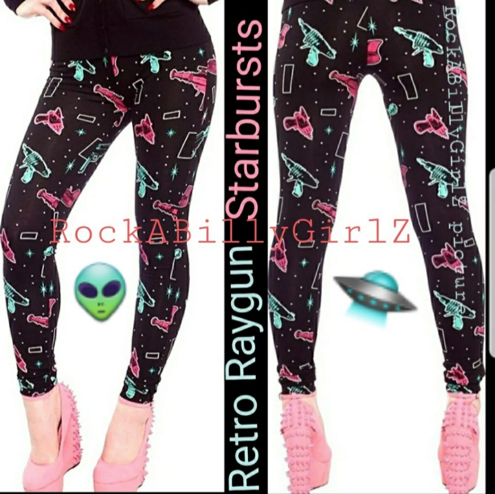 Sourpuss Retro Atomic Ray Gun Leggings Pink & Blue Rayguns Starbursts Pattern